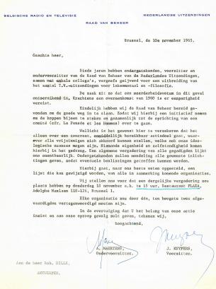 Scan van een uitnodiging van Julien Kuypers en Albert Maertens voor een eerste bijeenkomst van de Vlaamse vrijzinnigen op 18 november 1965