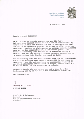 Brief van F.W. de Klerk aan toenmalige rector Dejaegere