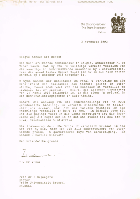 Brief van F.W. de Klerk aan toenmalige rector Dejaegere